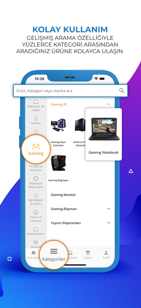 Mobile app interface showing electronic product categories and a search bar for gaming hardware