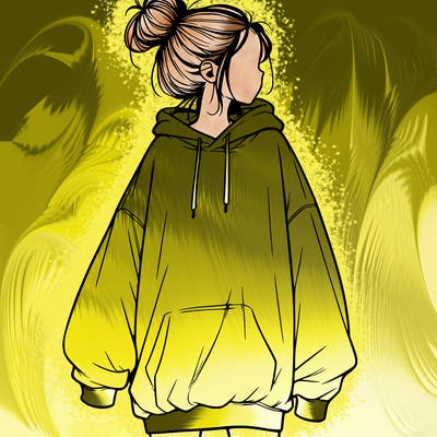 realistic girl with a oversized sweatshirt on and a bun