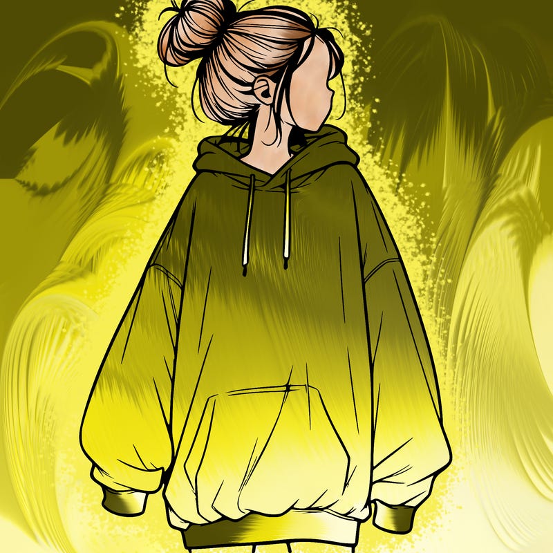 realistic girl with a oversized sweatshirt on and a bun