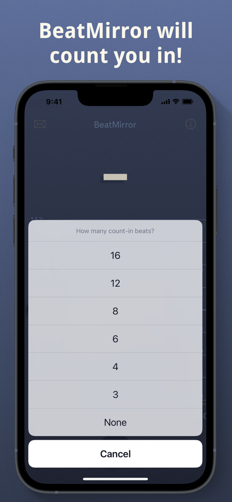A smartphone showing the BeatMirror app with a menu to select the number of count-in beats.