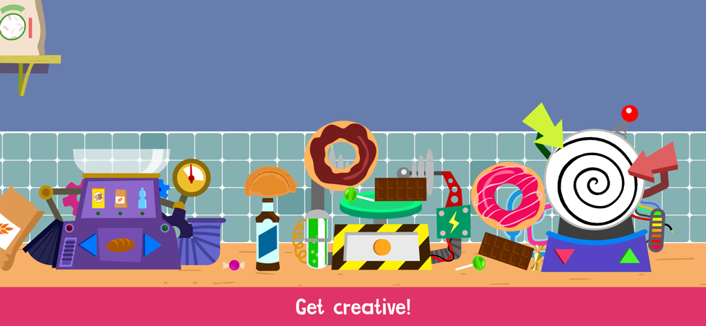 Una colorata cucina digitale con gadget e cibi stravaganti con il testo "Get Creative" in primo piano.