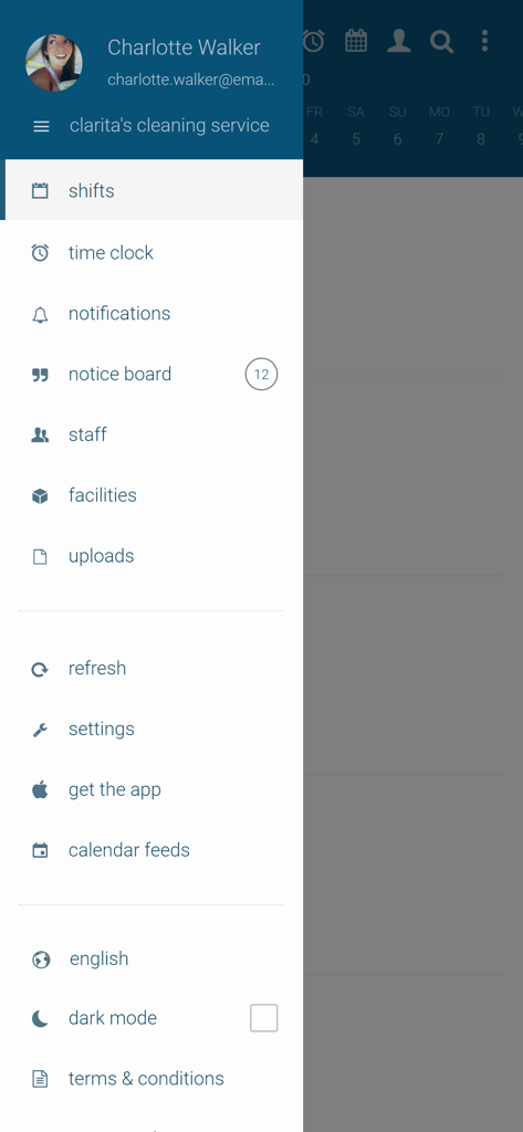 Findmyshift - Navigation menu of the Findmyshift app featuring shift schedules time clock and staff settings