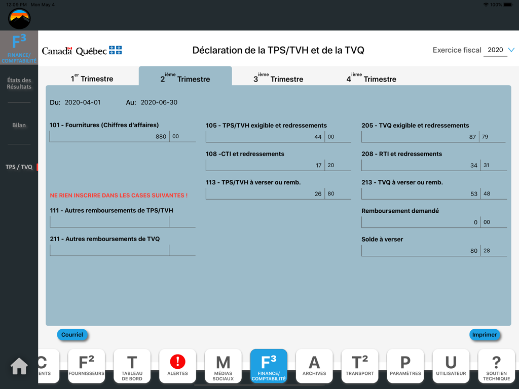 TPS and TVQ tax declaration screen in the Mon Entreprise business app
