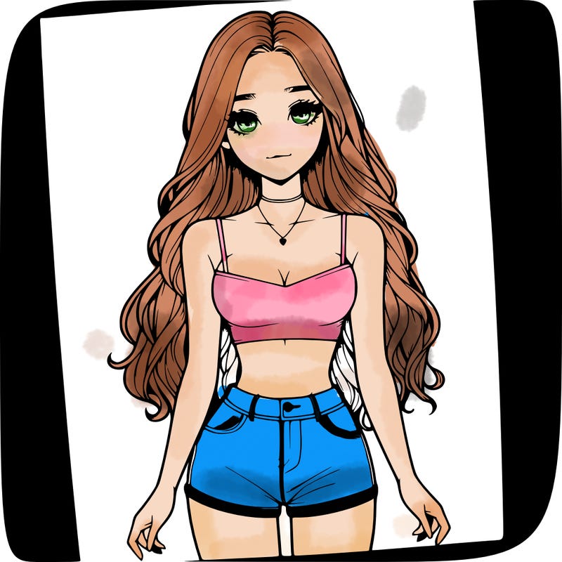 a realistic girl with long hair and in a crop top and shprts
