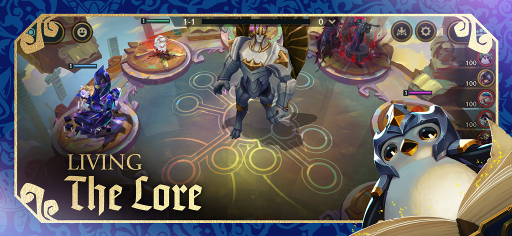 TFT: Teamfight Tactics - Gameplay screenshot of TFT Teamfight Tactics featuring Galio and a penguin mascot with the title Living the Lore