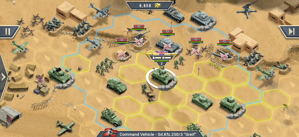 Turn-based tactical warfare gameplay in 1943 Deadly Desert showing military units on a desert hex grid map.