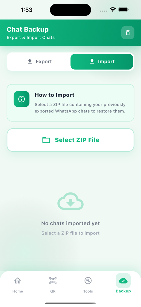 DualChat – WhatSacn Web - Interface for exporting and importing chat backups using ZIP files in the DualChat app.