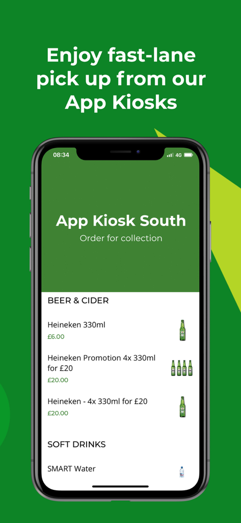 OVO Arena Wembley - Mobile interface of OVO Arena Wembley app showing food and drink ordering for kiosk collection.