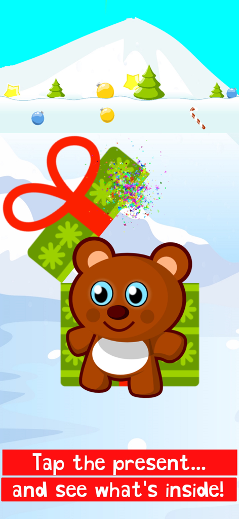 Christmas Train Snowman Games - A cartoon teddy bear appearing from an opened Christmas present in a snowy setting