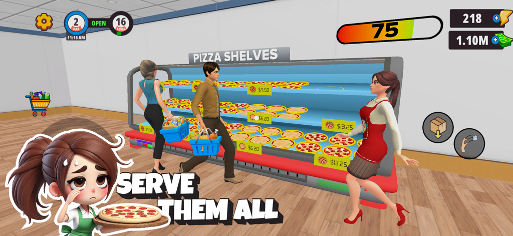 Pizza Store Simulator - 経営ゲームの店で、価格タグが付いたピザ棚を閲覧する顧客。