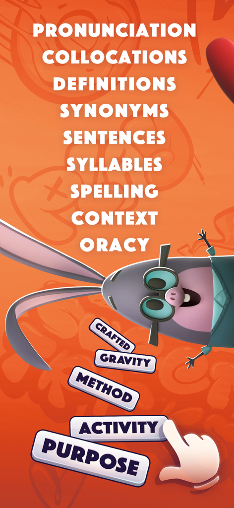 A list of vocabulary skills like pronunciation and synonyms displayed in the Word Tag educational game interface