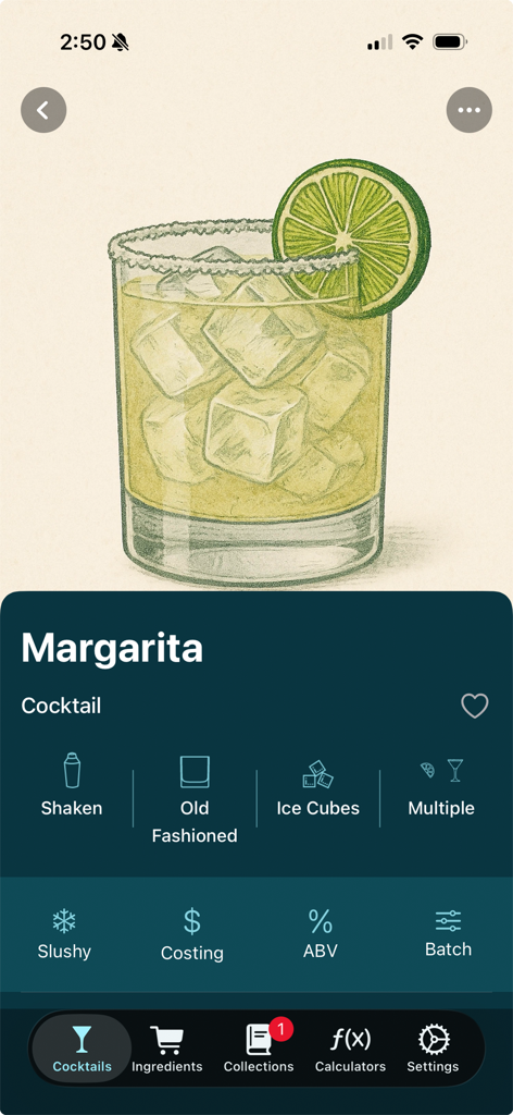 Benutzeroberfläche der Bevnap-App, die ein Margarita-Rezept mit professionellen Mixologie-Werkzeugen zeigt