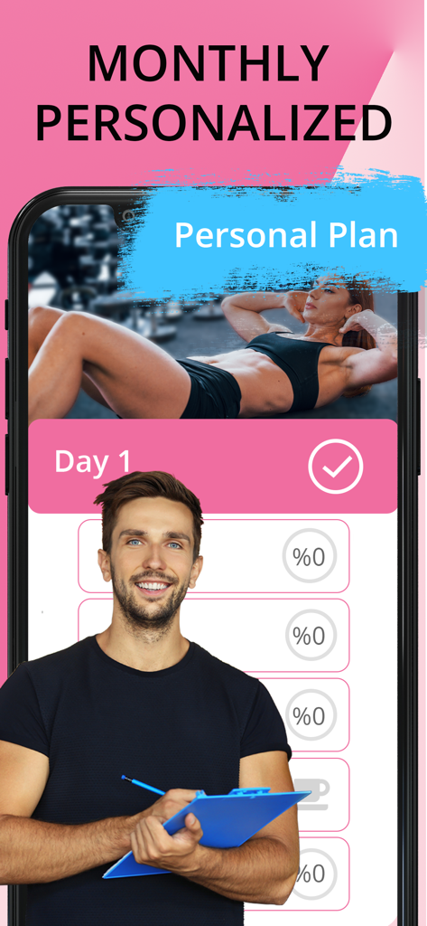 Lose Belly Fat in 30 Days - A screenshot of a fitness app displaying a monthly personalized workout plan with progress tracking.