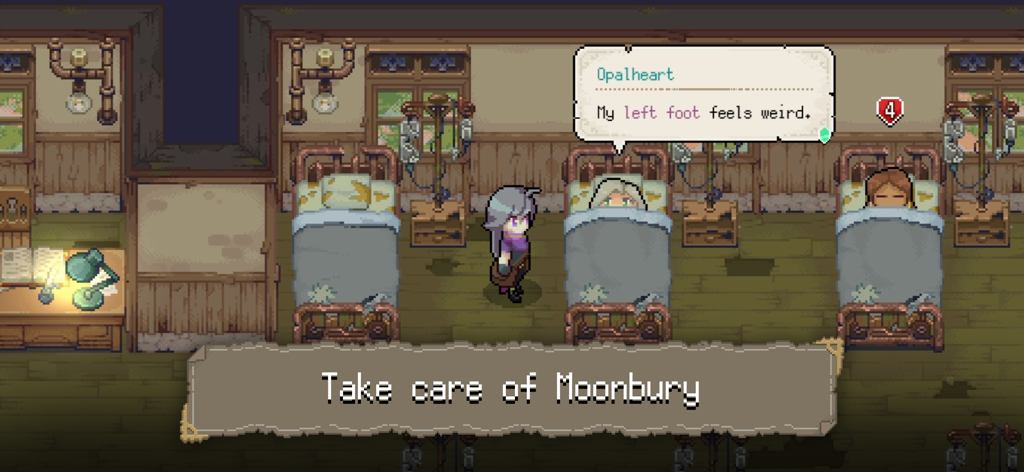 Potion Permit - A chemist character diagnosing a patient in a pixel art hospital room in Potion Permit.