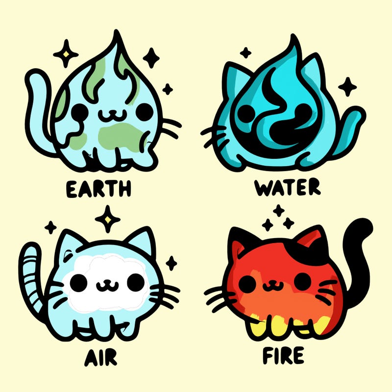 4 cats that represent the different elements, earth, water, air, and fire