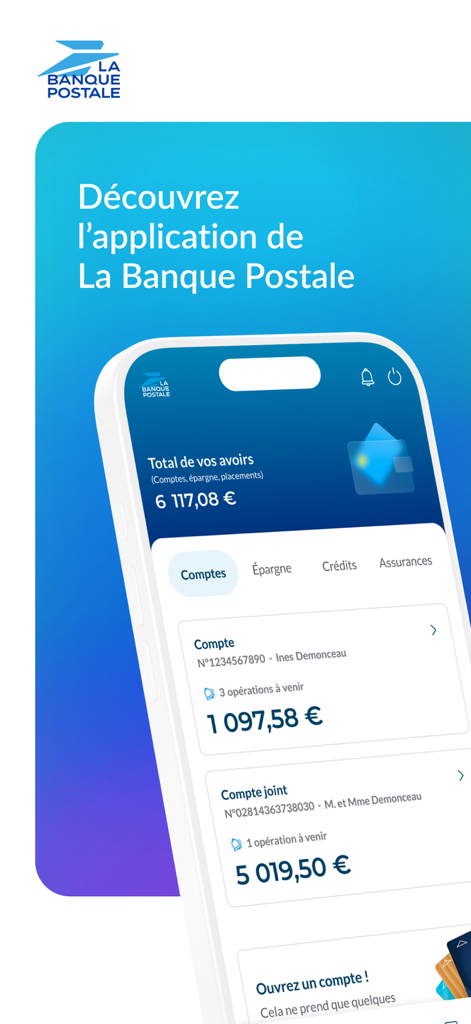 Smartphone displaying the La Banque Postale mobile app interface with account balances and financial management categories