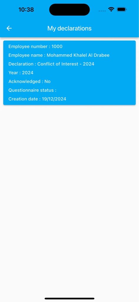 VOLT-HRMS - Interface showing employee conflict of interest declaration in the VOLT-HRMS app