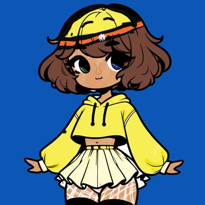 cute femboy with short, fluffy hair that softly frames their face, wearing a cropped hoodie, paired with a flouncy short skirt, and thigh-high stockings