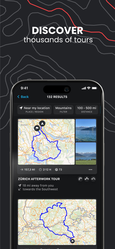 calimoto motorcycle routes - A smartphone screen showing the calimoto app with a list of discovered motorcycle tours and maps
