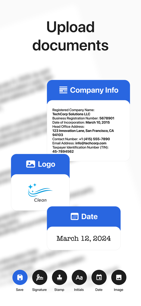 Sign Doc: e-Signature Maker - Interfaz de la aplicación móvil Sign Doc mostrando opciones para subir documentos y añadir información de la empresa, logotipos y fechas.