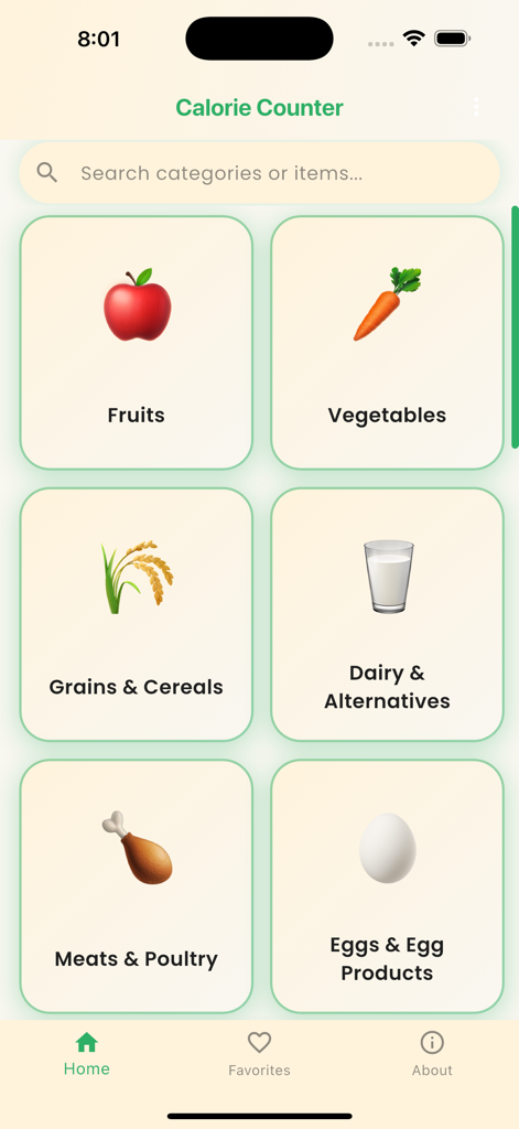Interface of the Calorie Counter app displaying food categories like fruits, vegetables, and grains with representative emojis.