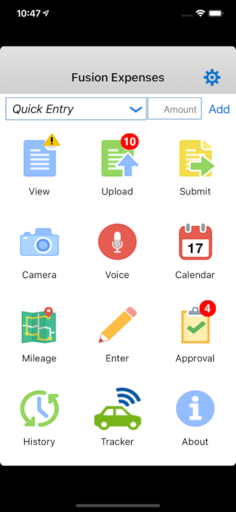 Oracle Fusion Expenses - Oracle Fusion Expenses app dashboard showing icons for camera voice mileage and expense approvals