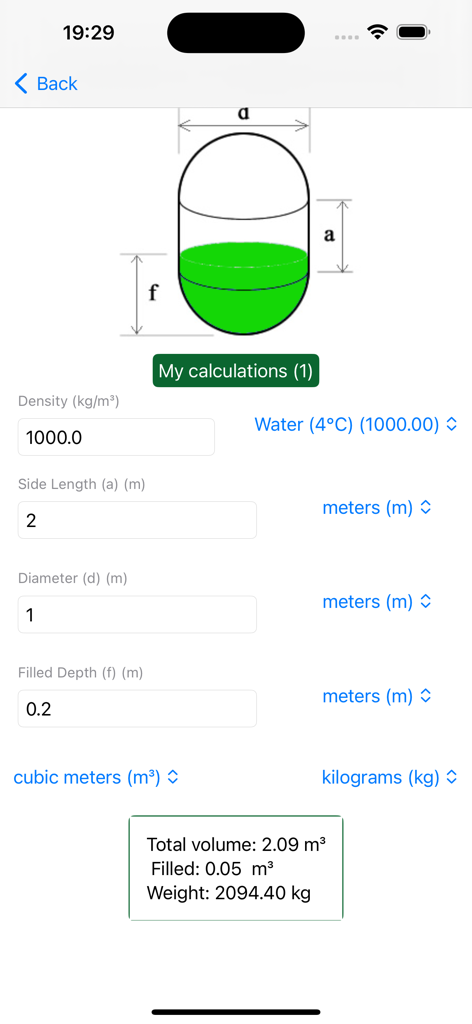 Tank Measure: Volume Calc - Tank Measure app interface showing a vertical capsule tank volume and weight calculation