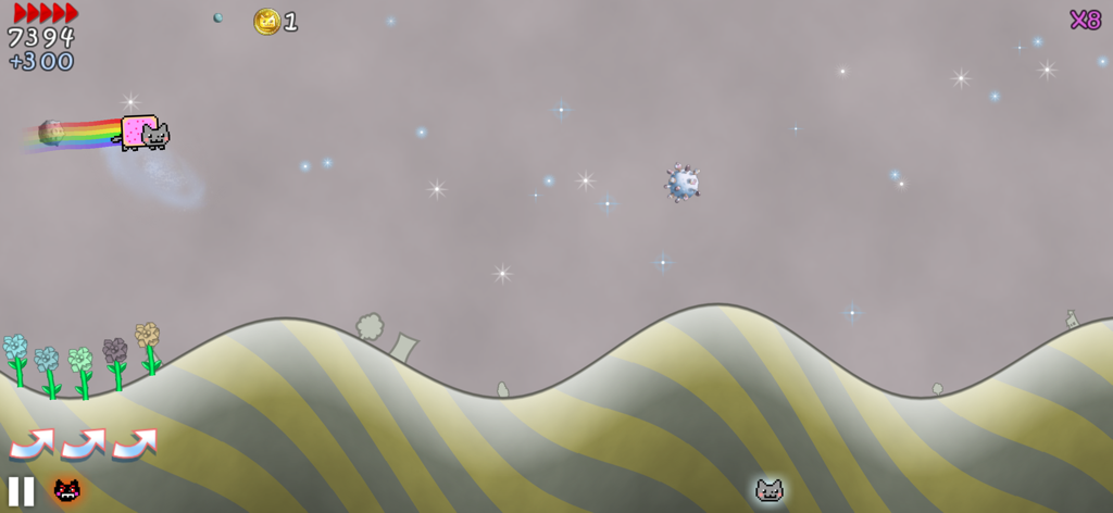 Nyan Cat: Lost In Space - Nyan Cat flying through space with a rainbow trail in the mobile game Lost In Space