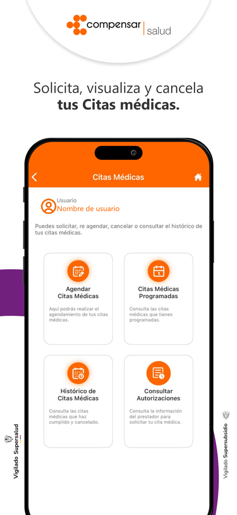 Compensar Salud - Interface de l'application Compensar Salud pour la planification et la gestion des rendez-vous médicaux.