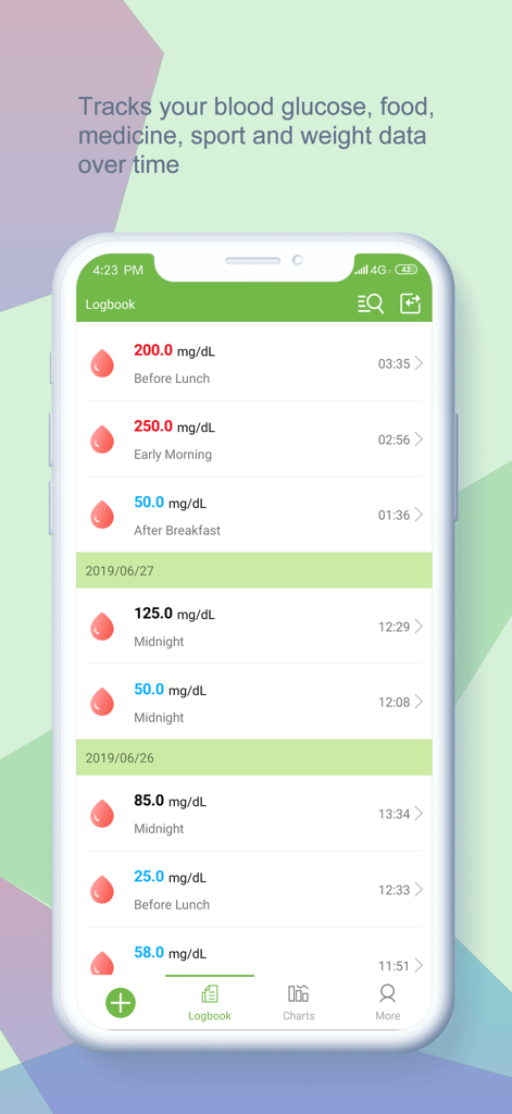 VivaGuard app logbook screen displaying chronological blood glucose readings and activity notes