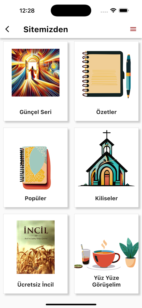 A mobile screen showing the Kutsalkitap.org app menu with categories like summaries, churches, and free Bible in Turkish.