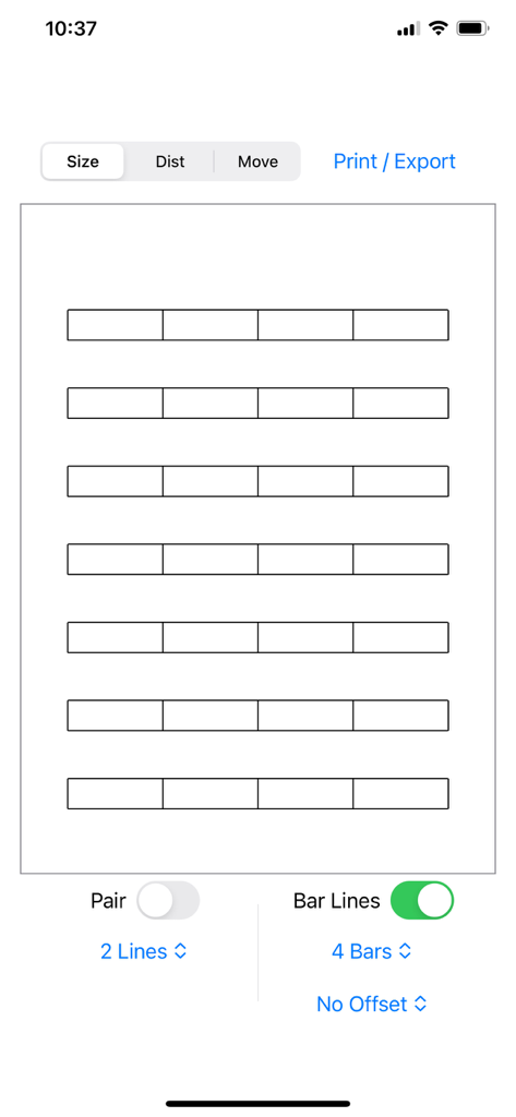 Staff Designer - Interfaz de la aplicación móvil Staff Designer que muestra un diseño de partitura personalizado con líneas de compás y ajustes de pentagrama ajustables