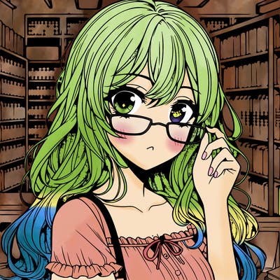 beautiful manga girl with glasses in a library