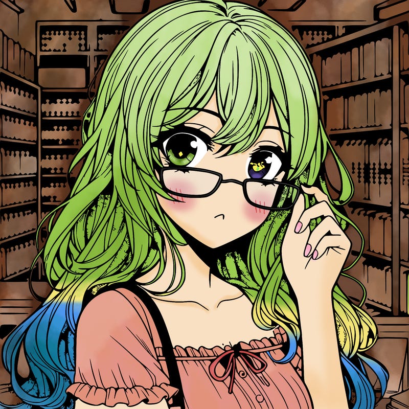 beautiful manga girl with glasses in a library
