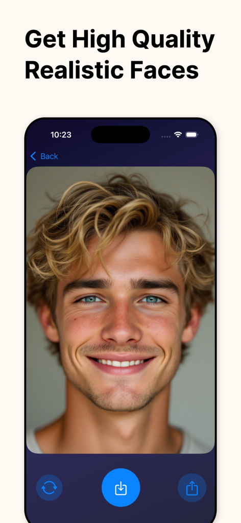 AI顔ジェネレーターアプリによって生成された、笑顔の若い男性の高品質でリアルな顔。