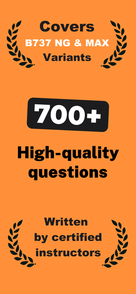 Pantalla de la aplicación Boeing 737 Type Rating Prep destacando más de 700 preguntas para las variantes NG y MAX escritas por instructores certificados