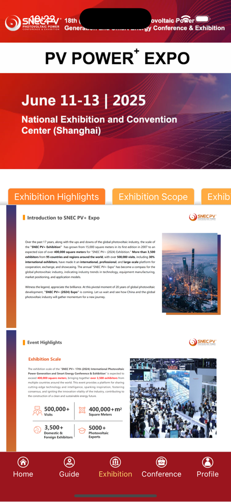 SNEC+ - Interfaccia dell'app SNEC plus che mostra i punti salienti della PV Power Expo 2025 e la scala dell'evento a Shanghai.