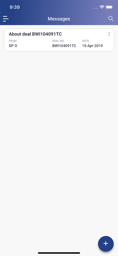 Screenshot der TradeCafe Mobile App, der die Nachrichtenoberfläche mit einer Zusammenfassung für einen bestimmten Rohstoffhandelsdeal zeigt.