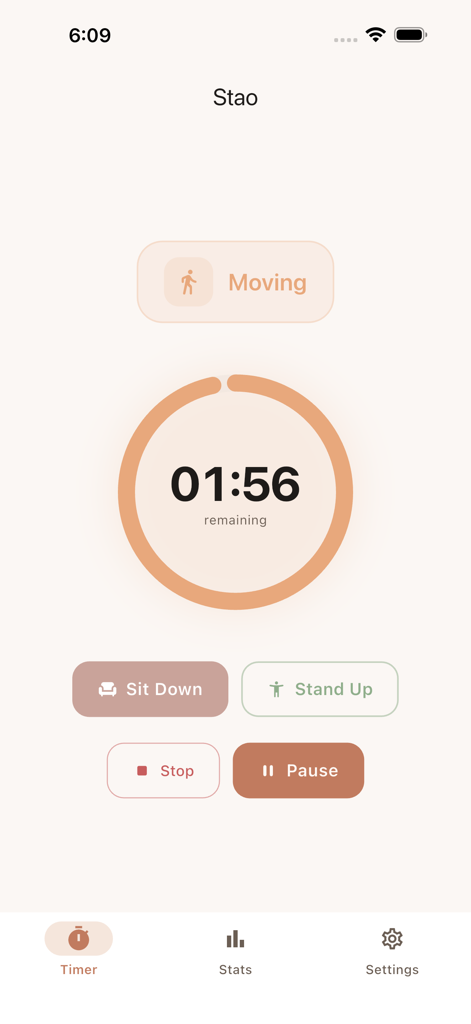 Stao: Standing Desk Reminder - Stao standing desk reminder app interface showing a countdown timer for a movement break with sit and stand options