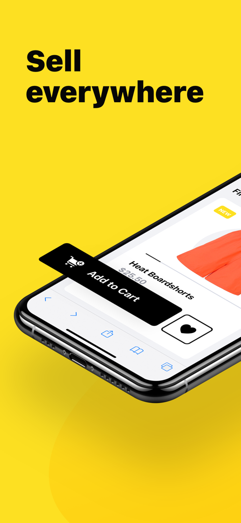 Ecwid Ecommerce - Un smartphone affichant la page produit d'une boutique en ligne avec le texte Vendez partout en gros caractères sur un fond jaune vif.