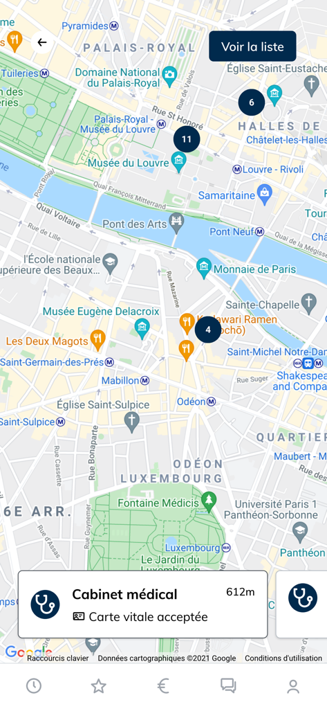 Mercer ma sante app interface showing a map with nearby medical offices and health practitioners in Paris