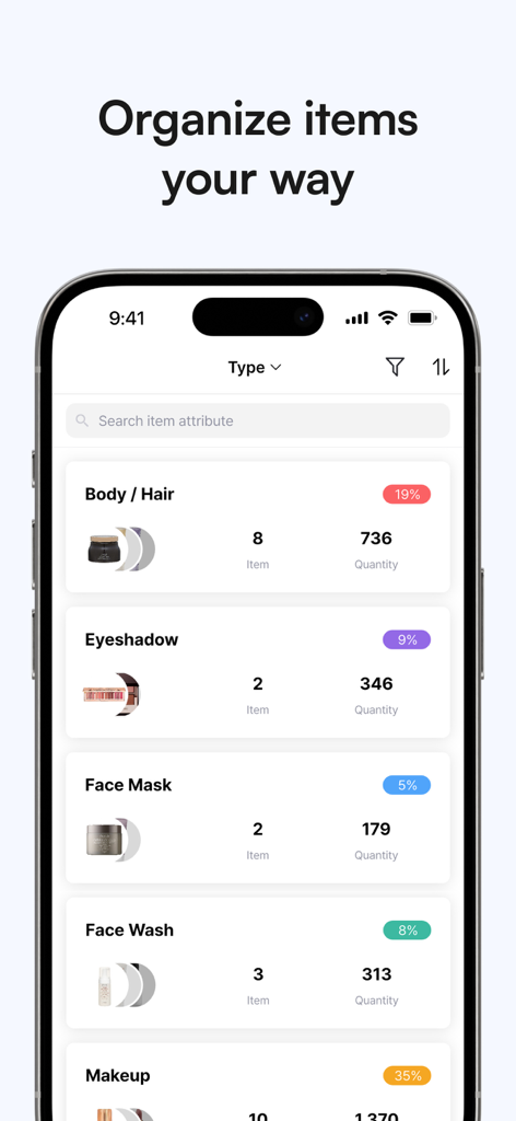 A smartphone showing the BoxHero app interface with categorized inventory items and stock levels.