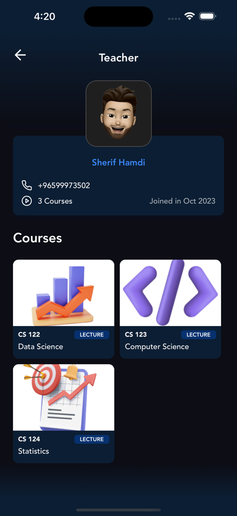 Teacher profile page in the Triple AAA education app displaying courses like Data Science and Computer Science.