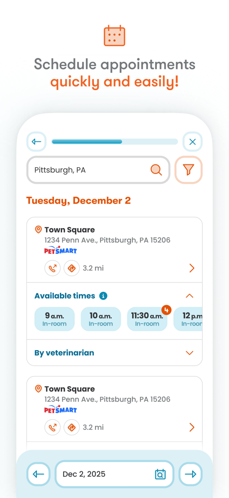 Banfield Pet Hospital - Interface for scheduling a veterinary appointment at a Banfield Pet Hospital clinic