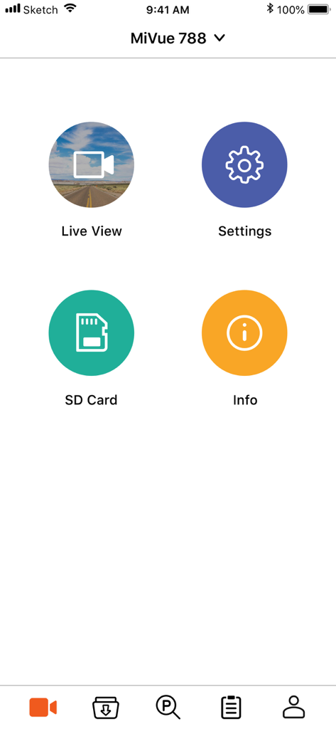The main menu interface of the MiVue Pro dash cam app featuring icons for Live View, Settings, SD Card, and Info.