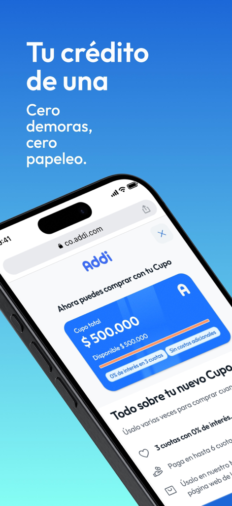 Addi mobile app displaying an instant credit limit of 500000 and zero interest installment options