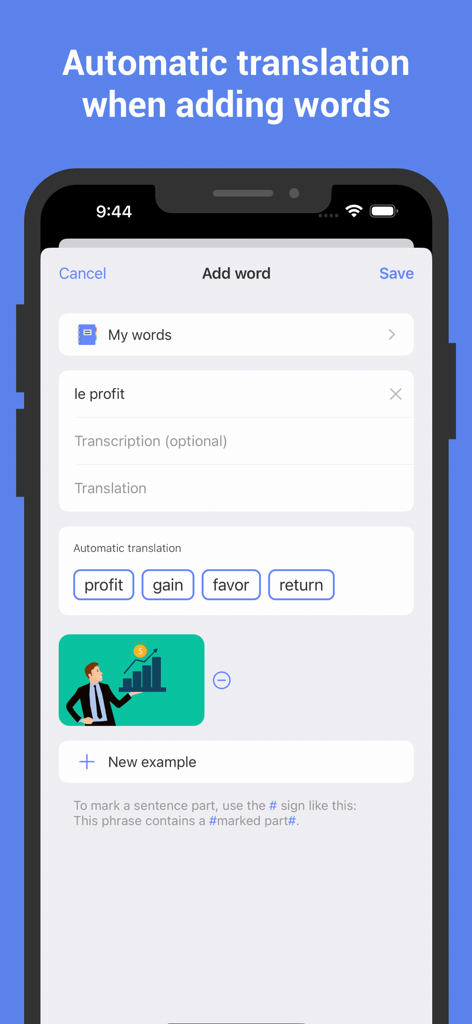 Mobile app interface showing how to add a custom French word with automatic translation suggestions