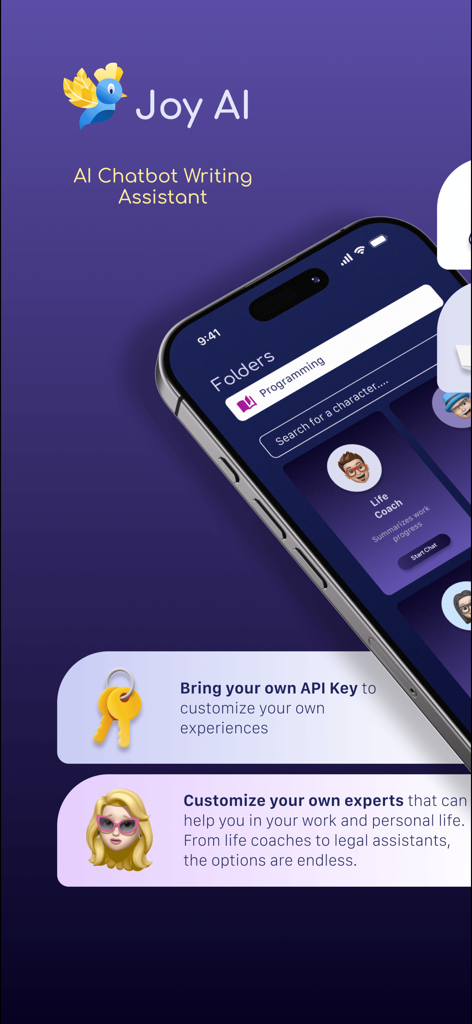 Joy AI - Joy AI app screen showing custom AI personal assistants and API key integration options