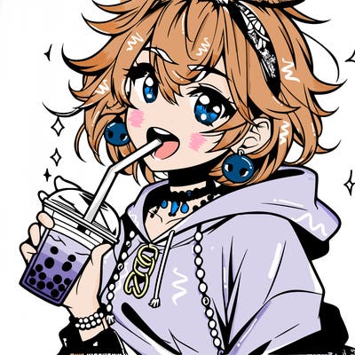 hot baddie anime girl drinking boba and biting the straw