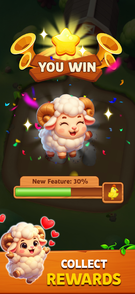Sheep Out: Farm Escape 3D - Victory screen of Sheep Out game showing a happy sheep and a collect rewards button
